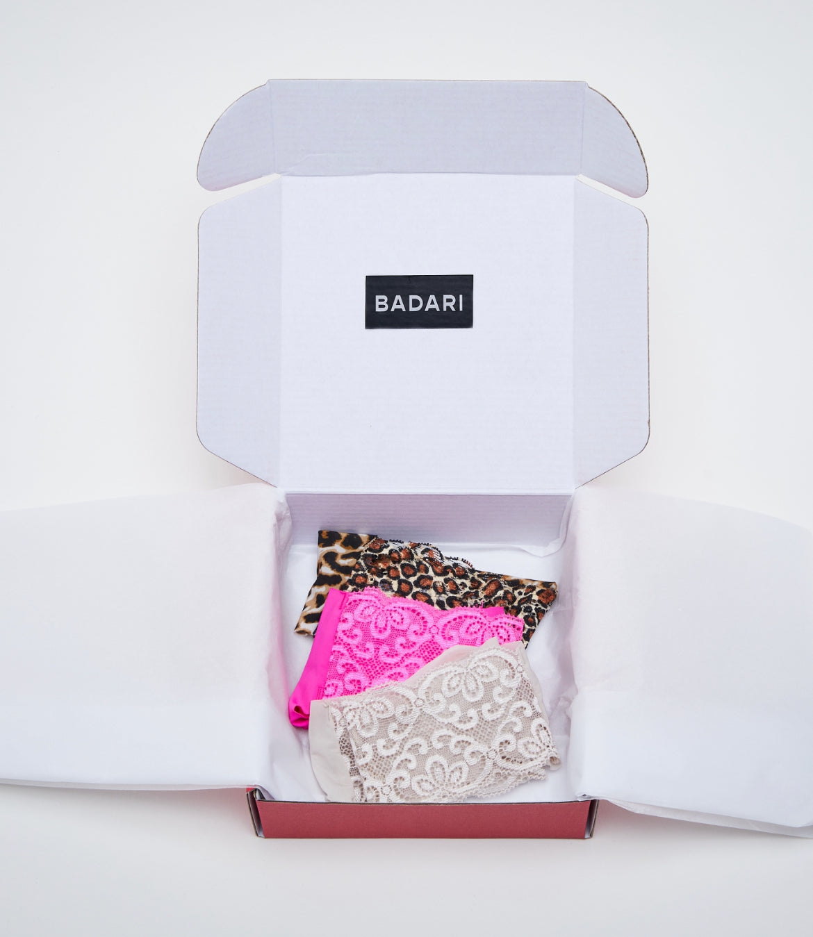 Holiday Badari Box 3 (One Leopard, One Hot Pink and One Champagne Panty). Subscribe now and receive 3 panties every 6 months