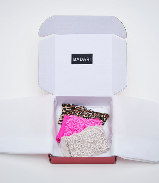 Holiday Badari Box 3 (One Leopard, One Hot Pink and One Champagne Panty).  Subscribe now and receive 3 panties every 6 months