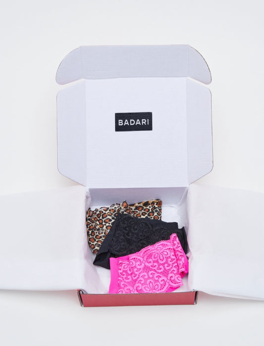Holiday Badari Box 4 (One Leopard, One Hot Pink and One Black Panty).  Subscribe now and receive 3 panties every 6 months