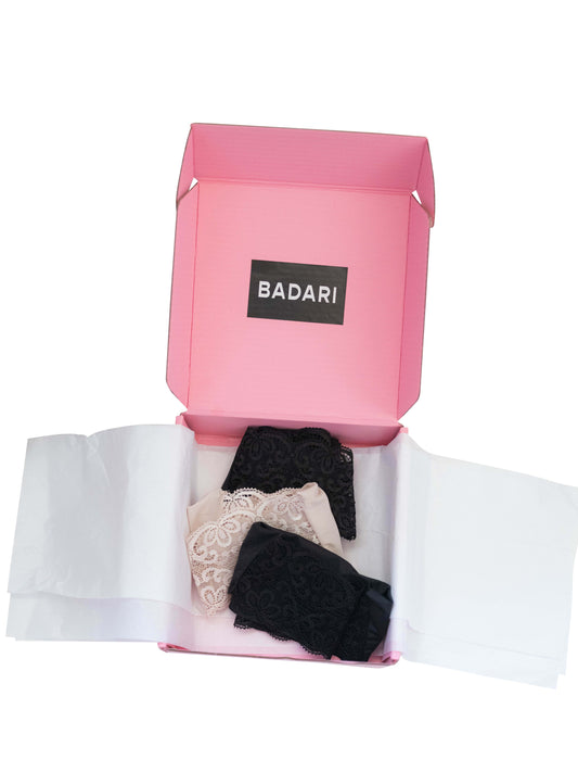 Badari Box 1 (Two Black and One Champagne Panty).  Subscribe now and receive 3 panties every 6 months