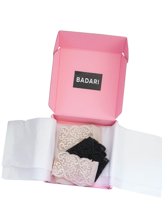 Badari Box 2  (Two Champagne and One Black Panty).  Subscribe now and receive 3 panties every 6 months
